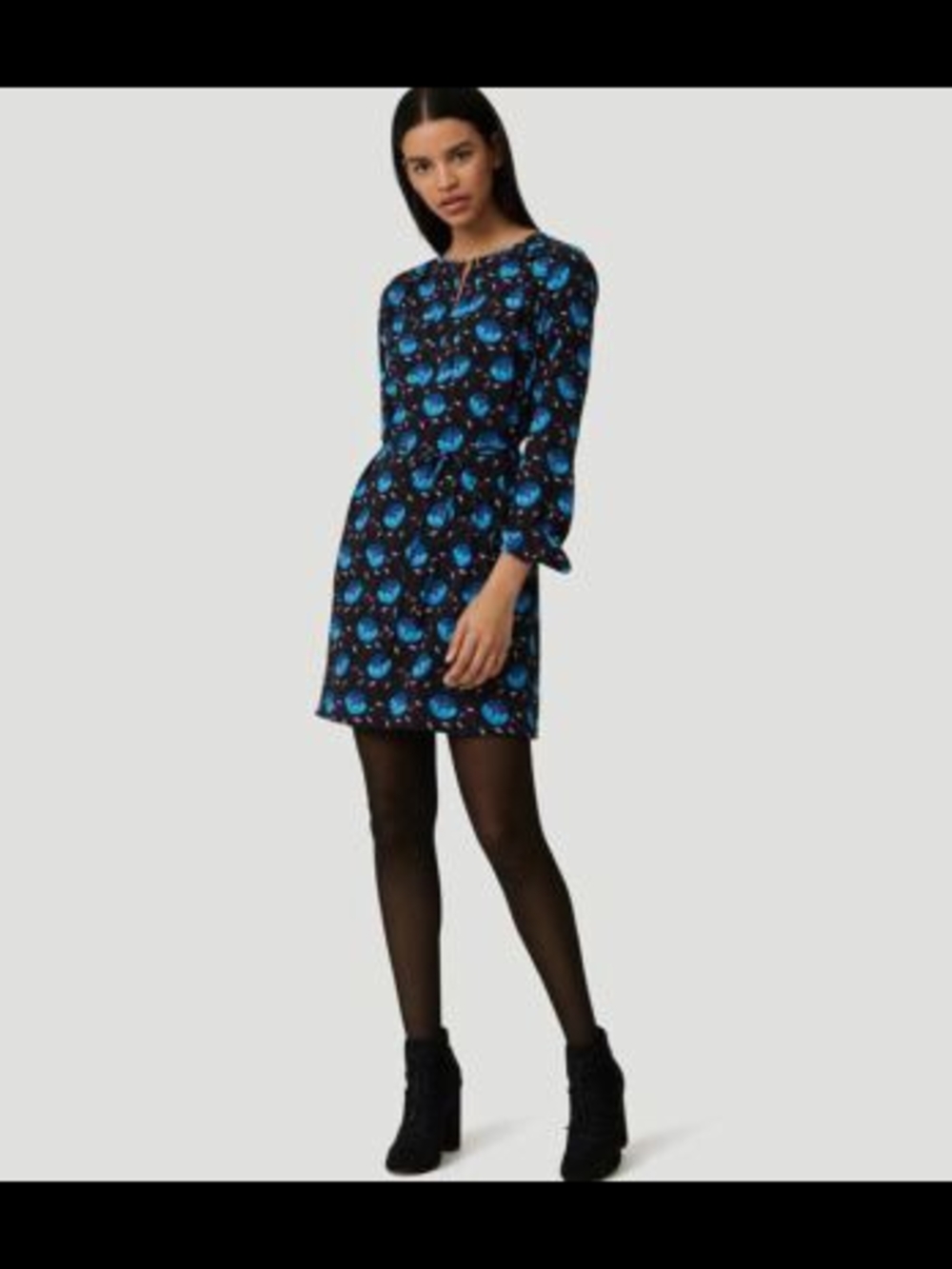 LOFT Black and Blue Floral Long-Sleeve Midi Dress